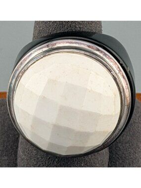 Vintage Ring Sterling Silver Large Faceted White Chalcedony Black Stone Statemen
